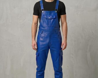 Herren Leder Latzhose Blau Echtleder Latzhose | Festival Mode Cyberpunk Kostüm Streetwear