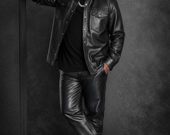 Handgefertigtes schwarzes Wachslederhemd & Hosenset für Herren, Cafe Racer Streetwear Lederanzug.
