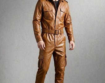 Handgefertigte Herren Leder Trainingsanzug Set | Echtes Schaffell Braun Leder Outfit | Cargo-Utulity-Fashion-Anzug.