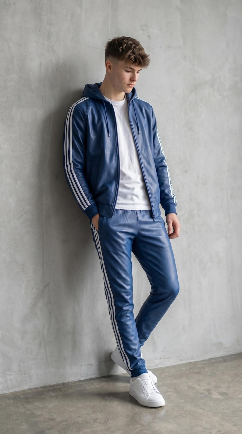 Op de afbeelding: Een blauw leren trainingspak met witte strepen op de mouwen van de jas en de broekspijpen. De jas heeft een capuchon en een rits. De persoon draagt een wit t-shirt en witte sneakers. De outfit is een sportieve, casual stijl.