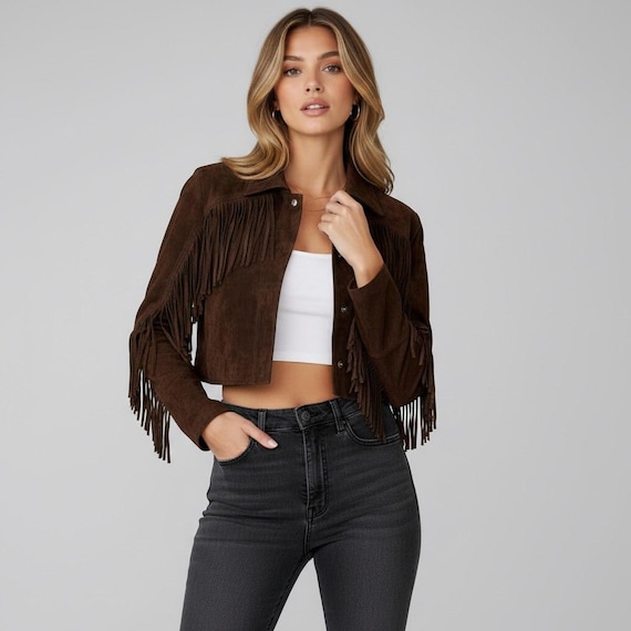 Handmade Women’s Brown Fringe Suede Jacket, Western Leather Jacket, Cropped Cowgirl Coat, Boho Festival Outfit.