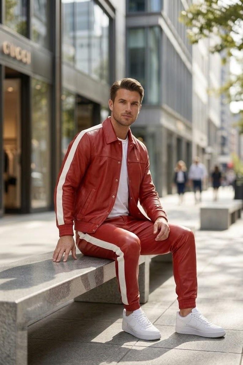 May include: A red leather jacket and trousers set with white stripes. The outfit is worn with a white t-shirt and white trainers. The person is seated on a concrete bench in a city environment.