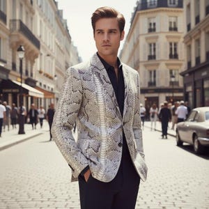 Pode incluir: Um blazer de cor clara com um padrão de pele de cobra, combinado com uma camisa e calças pretas. O casaco tem um fecho de dois botões e é usado ao ar livre. O conjunto é elegante.