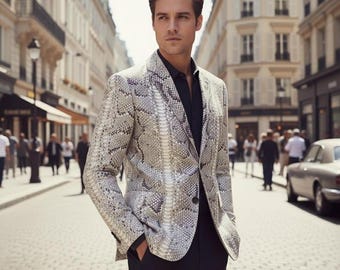 Men's Snakeskin Leather Jacket | Handmade Genuine Leather Blazer | Luxury Statement Coat