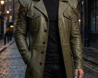 Handgefertigter olivgrüner Herren-Schaffell-Leder-Trenchcoat - Luxus-Ledermantel.
