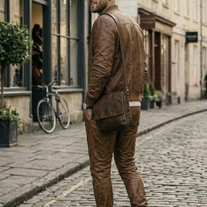 Op de afbeelding: Een persoon gekleed in een bruin leren jack, bijpassende broek en een crossbody tas. De outfit wordt gecombineerd met witte sneakers. De achtergrond toont een geplaveide straat en een winkel met het bord "The Archer & Co. Bootmakers".