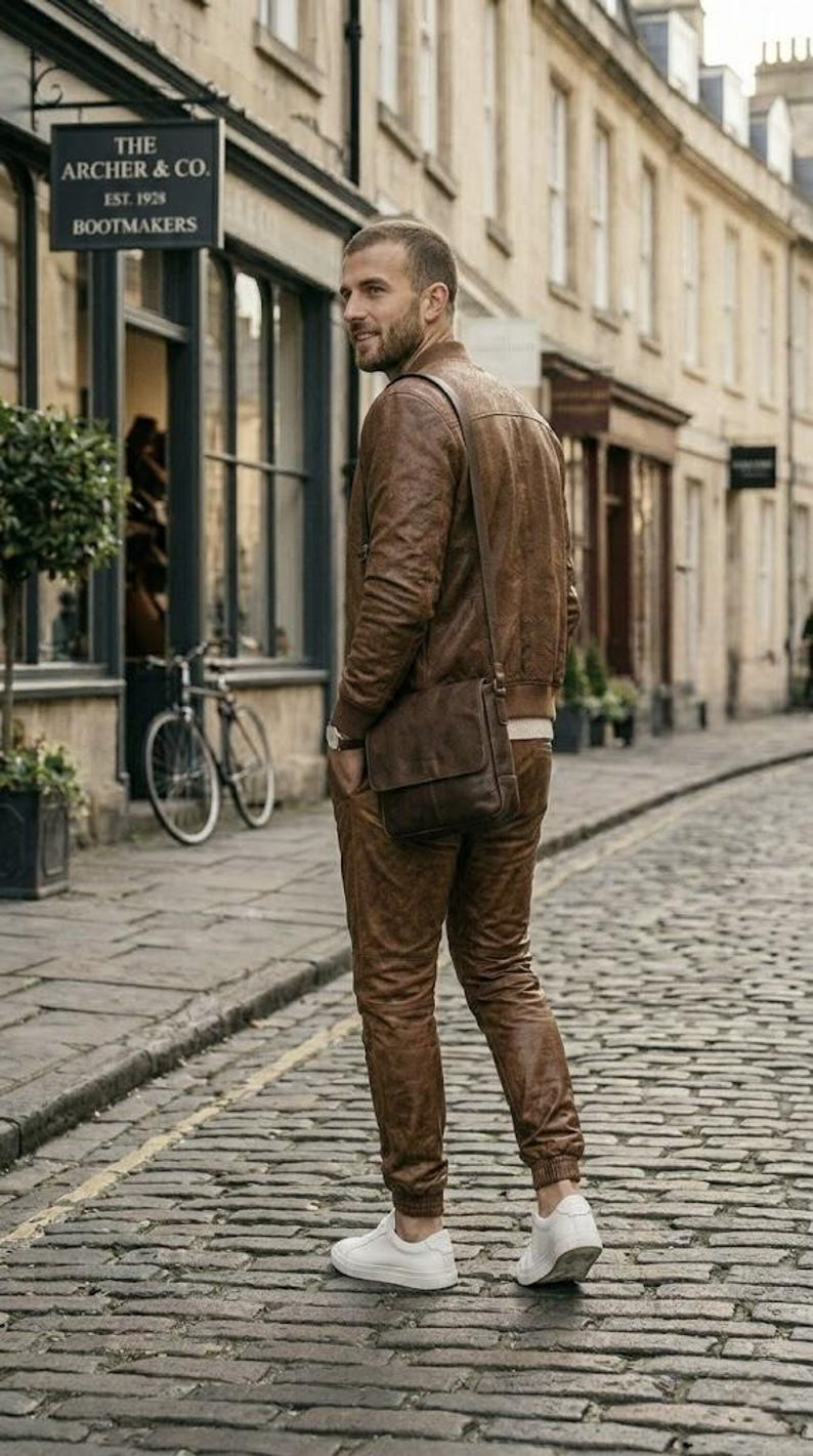 Op de afbeelding: Een persoon gekleed in een bruin leren jack, bijpassende broek en een crossbody tas. De outfit wordt gecombineerd met witte sneakers. De achtergrond toont een geplaveide straat en een winkel met het bord "The Archer & Co. Bootmakers".