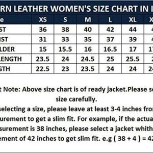 May include: A size chart for western leather jackets, displaying measurements in inches. The chart includes bust, waist, shoulder, sleeve length, and length measurements for sizes XS to XXXL. Important note: select size carefully.