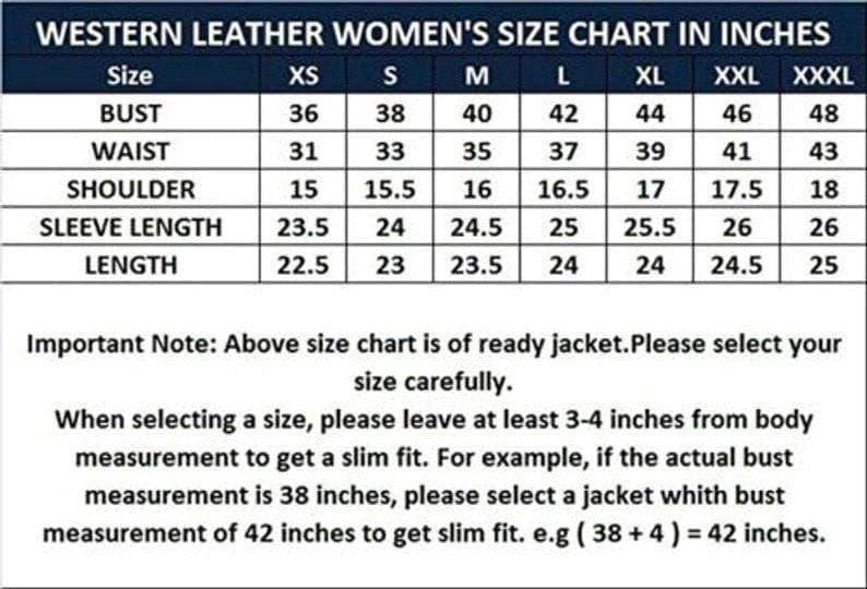 May include: A size chart for western leather jackets, displaying measurements in inches. The chart includes bust, waist, shoulder, sleeve length, and length measurements for sizes XS to XXXL. Important note: select size carefully.