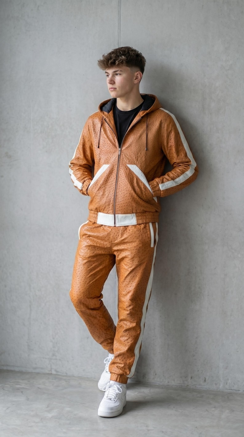 May include: A brown leather tracksuit with white stripes and accents. The jacket has a hood and a zipper closure. The pants have a drawstring waist. The outfit is worn with white sneakers. The tracksuit is made of a textured leather material.