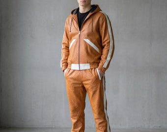 Handgefertigter Herren Tan Leder Trainingsanzug - Kapuzenjacke, Joggerhose Echte Schaffell Jogger.