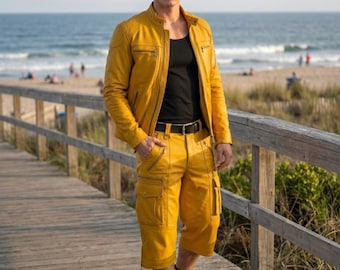 Handgefertigte Herren Senf Gelbe Schaffell Jacke & Shorts Set - Leder Co ord Streetwear Sommer Outfit.