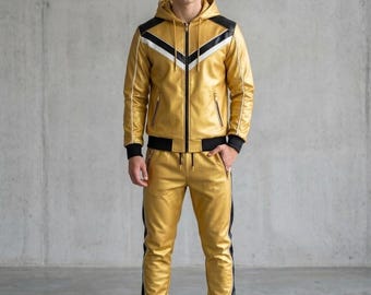 Handgefertigter Herren Tan Leder Trainingsanzug - Kapuzenjacke, Joggerhose Echte Schaffell Jogger.