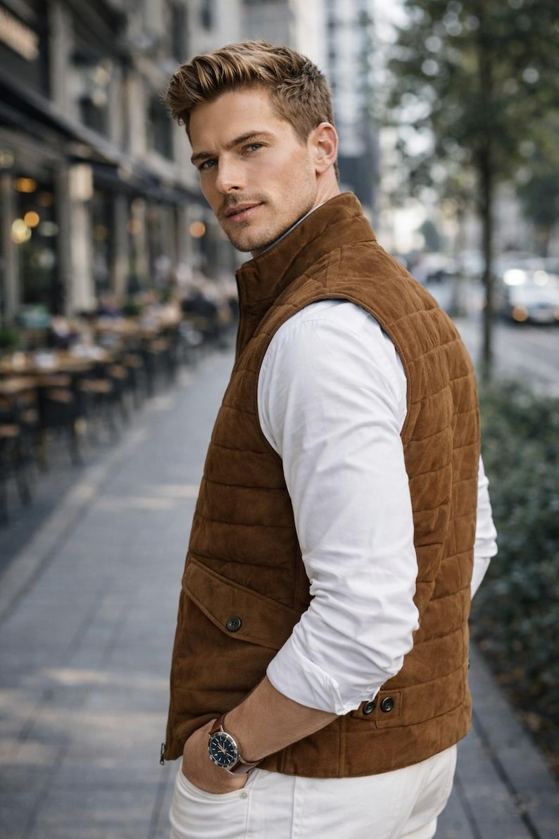 May include: A brown suede vest with a quilted design, featuring two front pockets and a high collar. The vest is worn over a white button-down shirt. A wristwatch with a brown leather strap is visible.