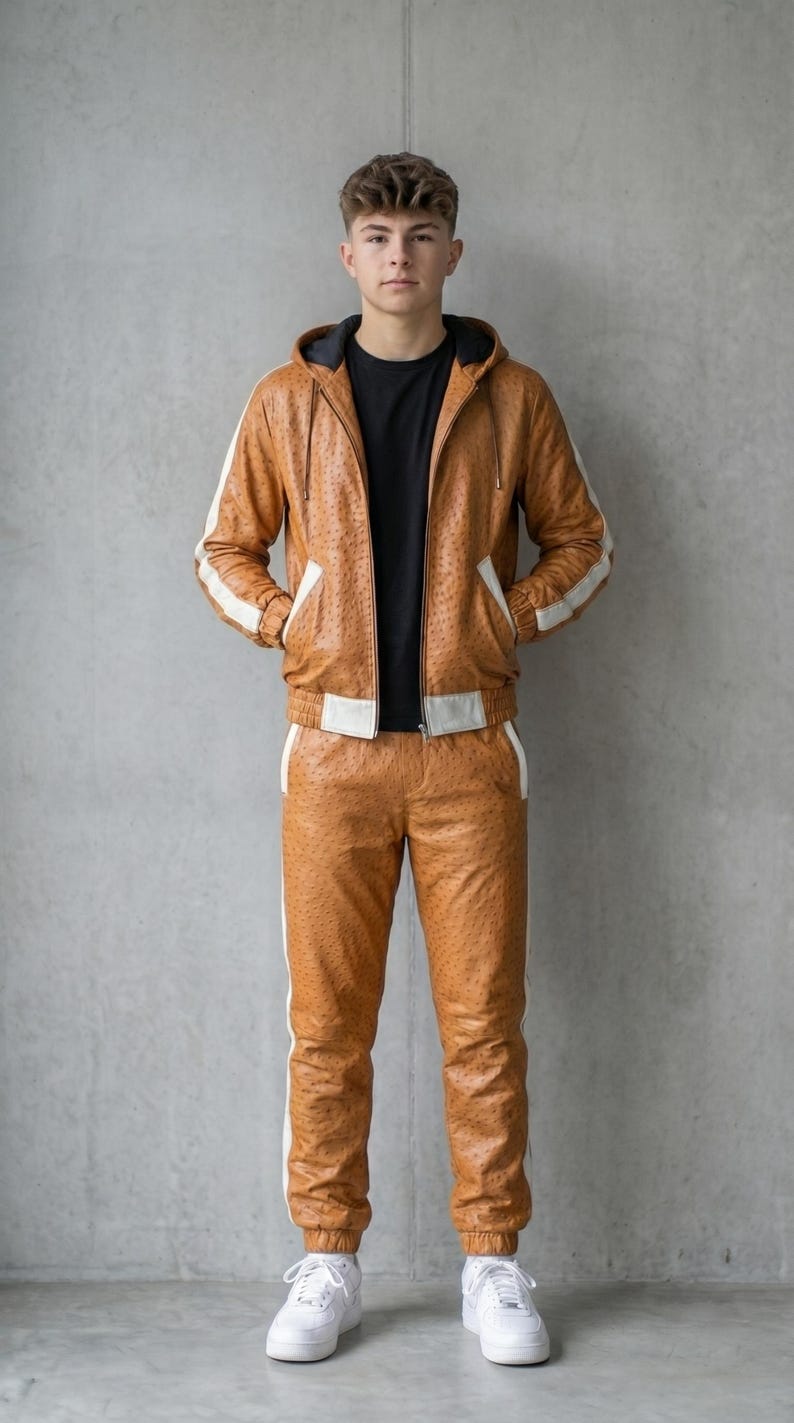 May include: A brown leather tracksuit with white stripes on the sides. The tracksuit includes a hooded jacket and matching pants. The person is wearing a black t-shirt and white sneakers. The outfit has a textured pattern.