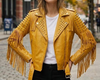 Handgefertigte Senfgelbe Lederfransenjacke für Damen, Boho Western Cowgirl Style, echter Schaffell-Ledermantel.