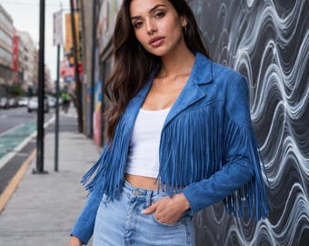 Handgefertigte Damen Blue Fringe Lederjacke - Premium Schaffell Wildleder Western Style.