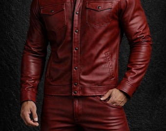 Handmade Men's Burgundy Sheepskin Wax Leather Shirt & Pants Set, Cafe Racer Streetwear Leather Suit.