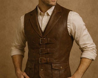 Handmade Men’s Brown Leather Vest - Western Cowboy Biker Waistcoat - Vintage Formal Casual Outfit.