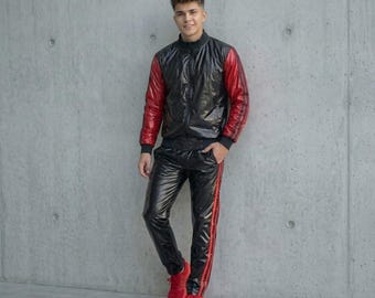 Handmade Herren Schwarz Rot Echtleder Trainingsanzug Set | Reißverschluss Schaffell Jacke Hose.