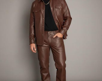 Handmade Men’s Brown Genuine Leather Shirt Jacket & Leather Pants Set | Sheepskin Biker Style Leather Outfit.