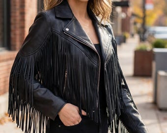 Handgefertigte schwarze Fransen-Lederjacke für Damen - Western Cowgirl Fransen-Ledermantel.