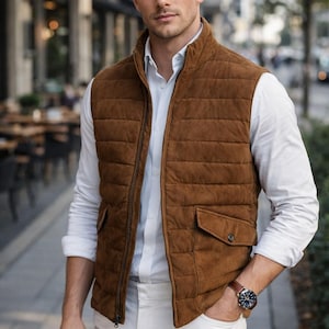 Handmade Men’s Suede Leather Vest Brown Sheepskin Genuine Leather Vest Quilted Zipper Waistcoat Winter Fall Gift for Him. image 1