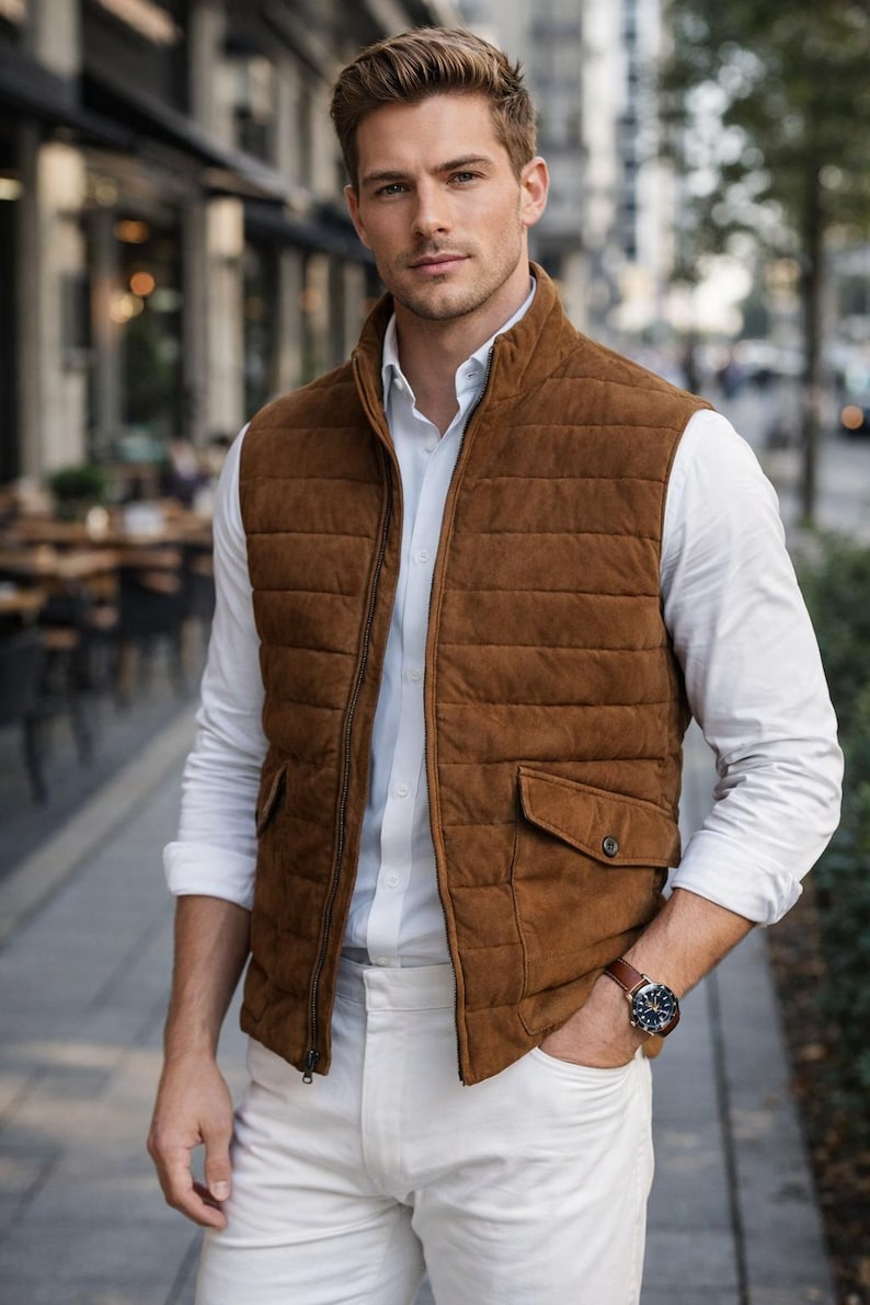 Handmade Men’s Suede Leather Vest Brown Sheepskin Genuine Leather Vest Quilted Zipper Waistcoat Winter Fall Gift for Him. image 1