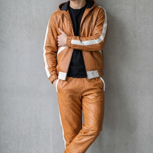 Handmade Men's Tan Leather Tracksuit - Hooded Jacket, Jogger Pants Real Sheepskin Joggers. image 4