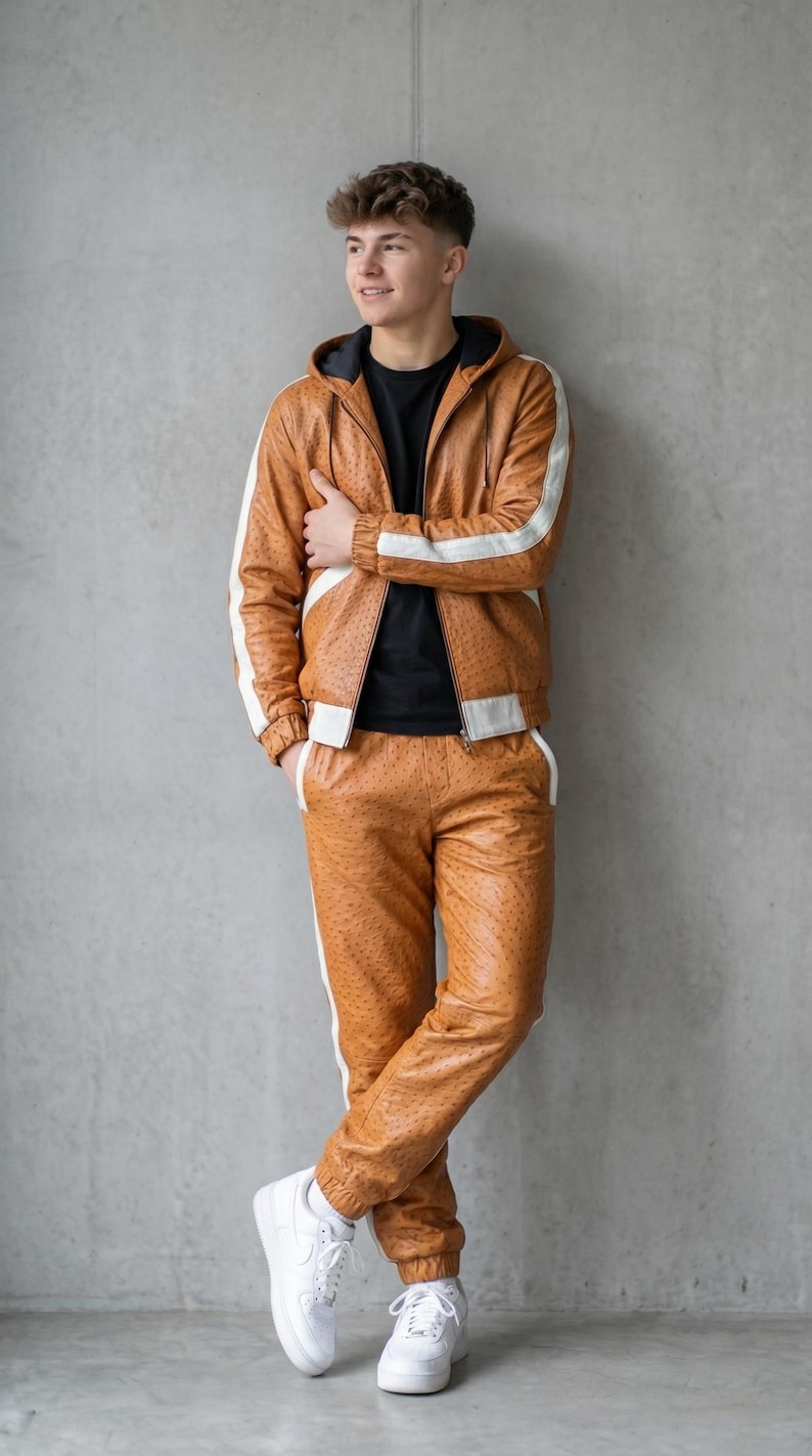 Handmade Men's Tan Leather Tracksuit - Hooded Jacket, Jogger Pants Real Sheepskin Joggers. image 4
