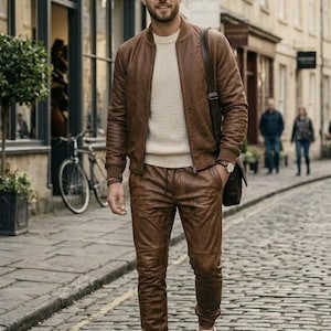 Handgemaakte bruin leren trainingspak voor heren, echt schapenleer joggingpak, luxe bomberjack en leren broekset. afbeelding 1