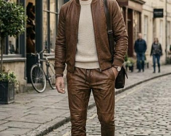 Handmade Men’s Brown Leather Tracksuit Set, Genuine Sheepskin Leather Jogger Suit, Luxury Bomber Jacket and Leather Pants Set.