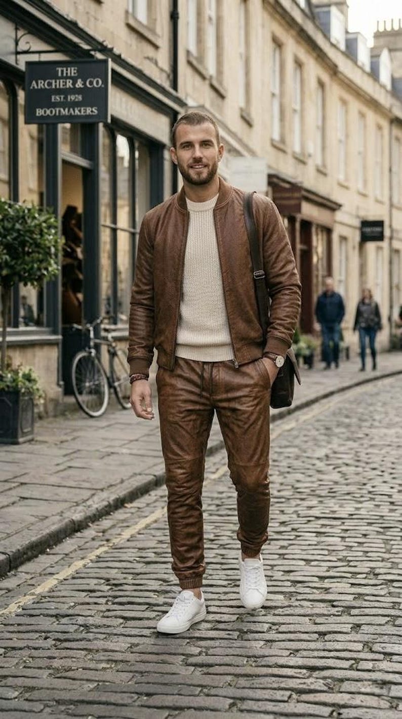 Handgemaakte bruin leren trainingspak voor heren, echt schapenleer joggingpak, luxe bomberjack en leren broekset. afbeelding 1