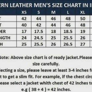 May include: A Western leather jacket size chart in inches, showing chest, waist, shoulder, sleeve length, and length measurements. Sizes range from XS to XXXL. Includes a note about choosing the correct size for a slim fit.