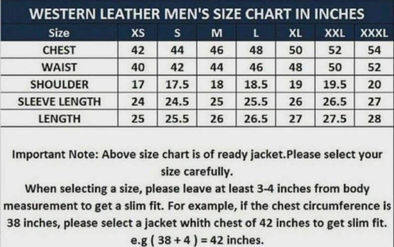 May include: A Western leather jacket size chart in inches, showing chest, waist, shoulder, sleeve length, and length measurements. Sizes range from XS to XXXL. Includes a note about choosing the correct size for a slim fit.