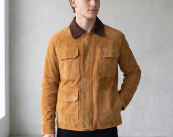 Der Letzte von uns inspirierte braune Wildlederjacke, handgefertigte Herrenschaffell-Velourlederjacke, Vintage Western Trucker-Mantel, Joel Style-Jacke.