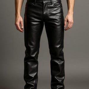 May include: Black leather pants with a classic five-pocket design. The pants have a straight leg cut and a button and zipper closure. The leather appears to be smooth and has a slight sheen. The pants are paired with black shoes and a black t-shirt.