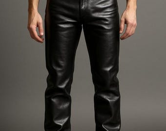 Handmade Men's Black Genuine Cowhide Leather Soft Finish Slim Fit Biker Pants.