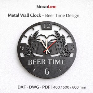 May include: A black metal wall clock with a beer time design. The clock features a circular shape with the text "BEER TIME" and the numbers 12, 9, 6, and 3. The clock hands are white and red. The clock is 40/50/60 cm in size.
