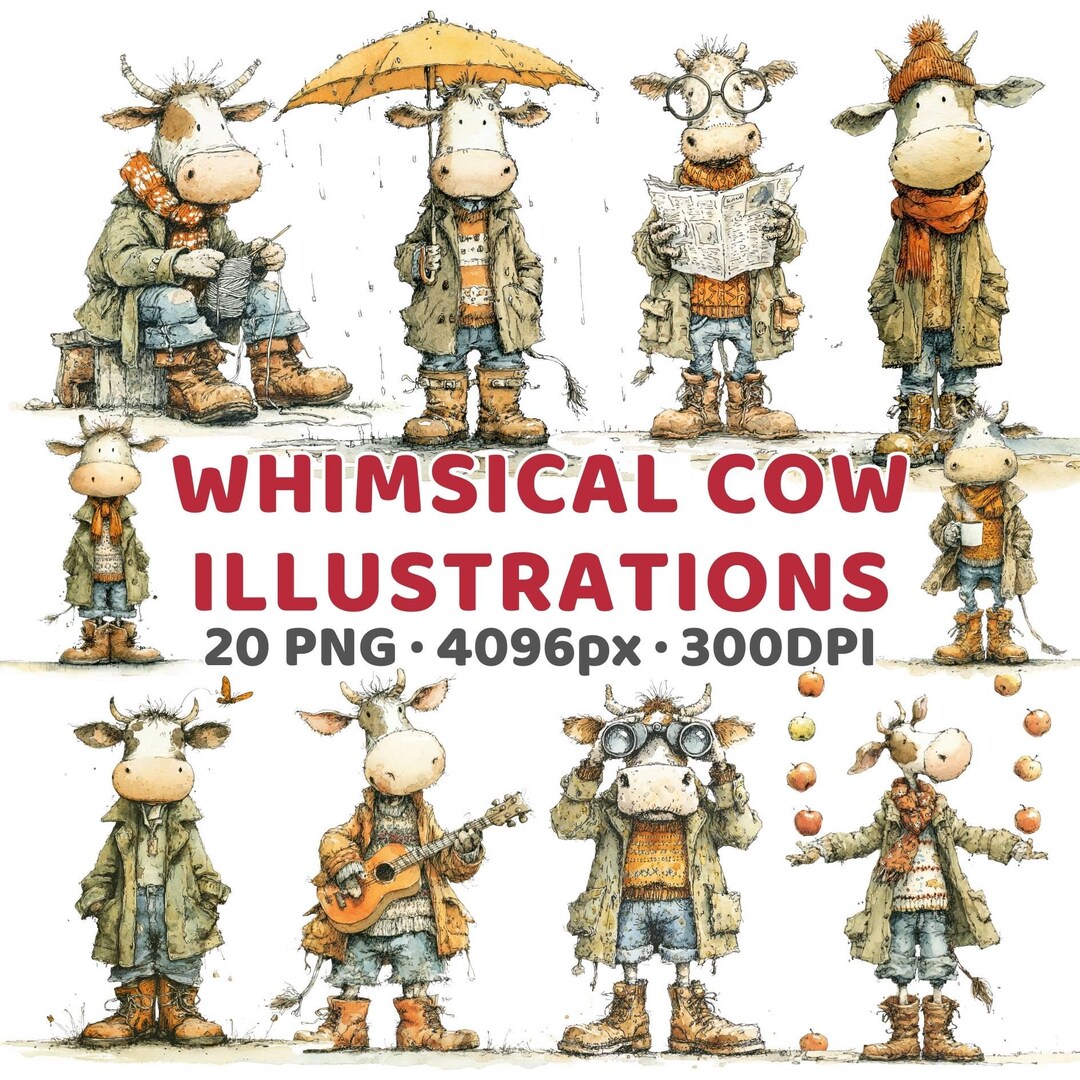 Whimsical Cow Clipart PNG Bundle Storybook Character Farm Animal ...