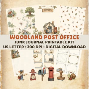 Peut inclure: Un kit imprimable pour journal créatif Woodland Post Office comprenant de la papeterie, des étiquettes et des vignettes illustrées avec des souris, des boîtes aux lettres et des éléments forestiers. Le téléchargement numérique inclut des pages.