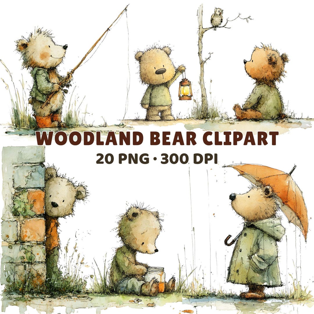 Woodland Bear Cub Clipart Bundle Watercolor Bear PNG Storybook Nursery ...