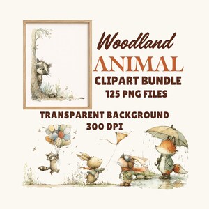 Woodland Animal Clipart Bundle PNG Watercolor Forest Animal Hedgehog Fox Bunny Raccoon Nursery School Wall Art Decor