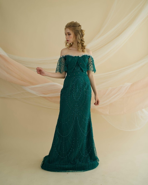 emerald green off shoulder prom dress Lace Off-shoulder Evening Gown | Elegant Fitted Formal | Night Dress US Size 6–8 while the appliqued embellishments Terroni Burgundy Men's Faux Size:BABY 6-9M Collection_Online Exclusives Mermaid prom