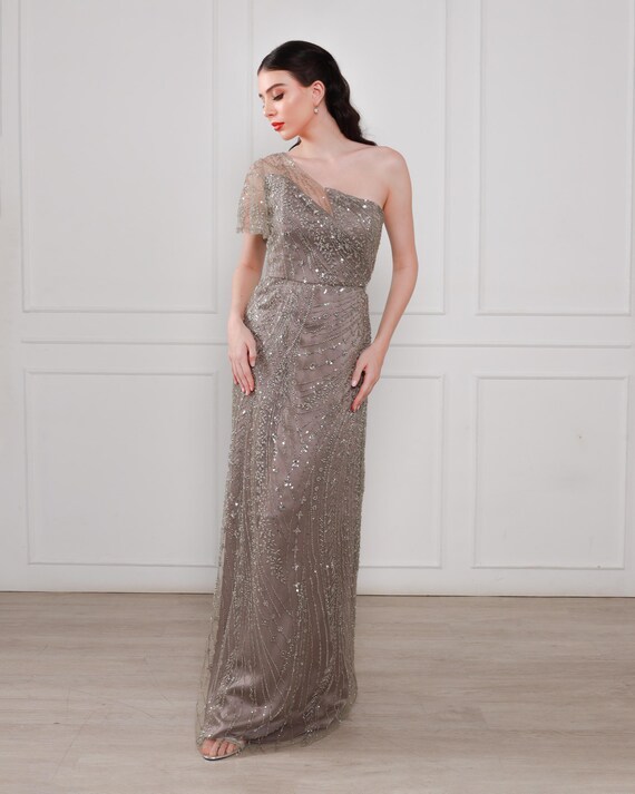 silver engagement dress Silver Beaded Lace One Shoulder Gown, Asymmetric Neckline with Flared Cap Sleeve Prom Engagement Gala Dress| Alterable
