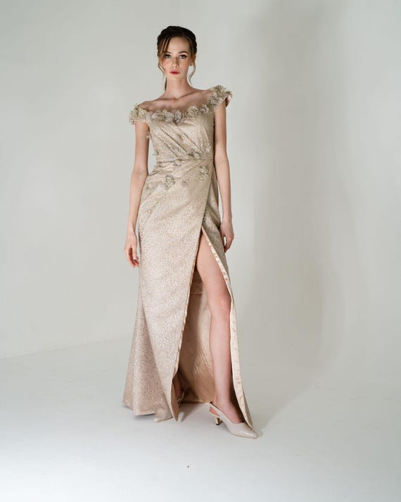 Champagne Gold Glitter Tulle Off Shoulder Gown, Engagement Dress US 6-8, Prom Pageant Formal Dress, Elegant Gala Evening Gown, Alterable