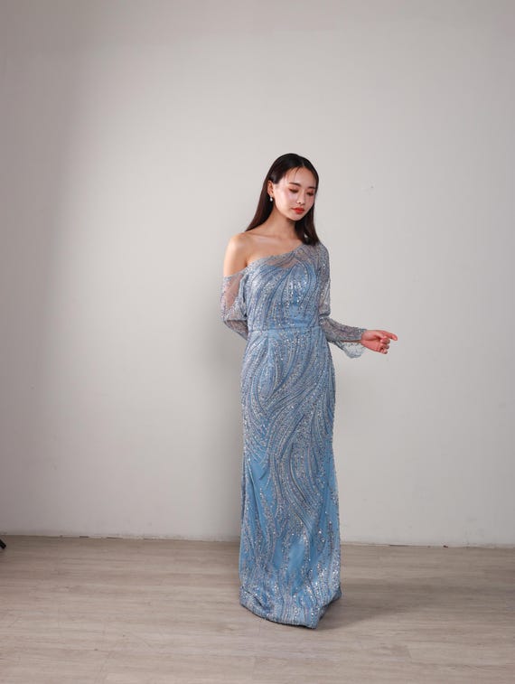 dusty blue engagement dress Beaded Sheath Evening | Asymmetric Neckline Long Sleeve Gown | Size US 6–8 | Alterable | One of a Kind Sample The bride dress Lowery Casual Knee Length Dresses Chiffon Hemline Size:EU-45 & US-11.5/12