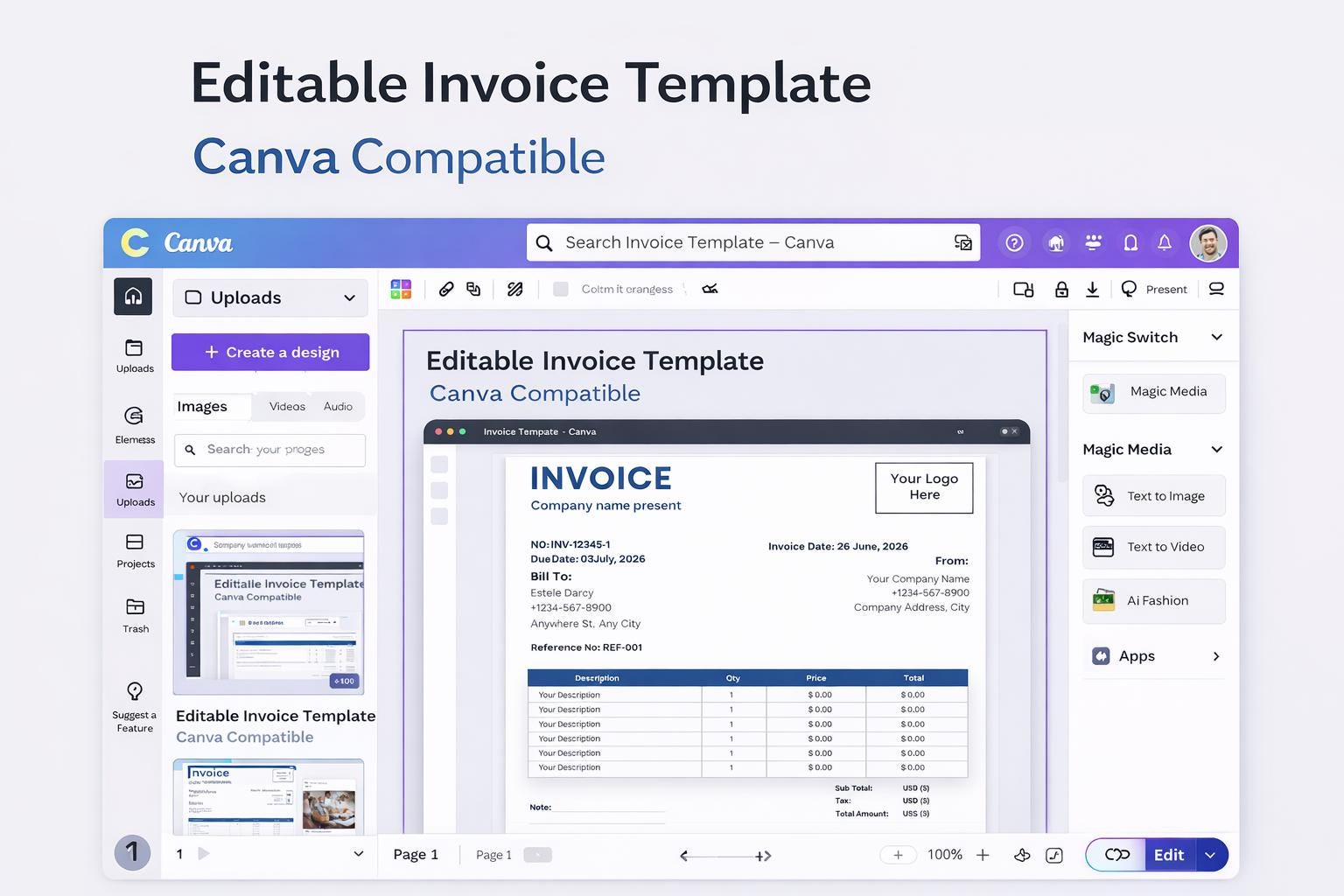 Blue Business Invoice Template | Editable Canva Design (digital ...