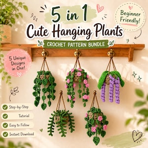 Bundel met hangende planten, gehaakte hangende planten voor auto, blauweregen varen madeliefje wijnstokken, hangende mand, woondecoratie, eenvoudige pdf-gids