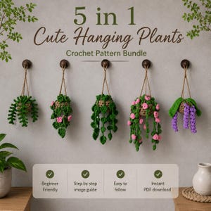 May include: A 5 in 1 crochet pattern bundle for hanging plants. The image displays five crocheted plants in tan baskets hanging from wall hooks. Text reads: 5 in 1 Cute Hanging Plants Crochet Pattern Bundle, Beginner Friendly, Step by step image guide, Easy to follow, Instant PDF download.